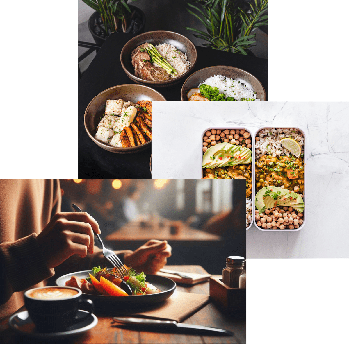 Woman enjoying food, meals in storage container, and food bowls on a table